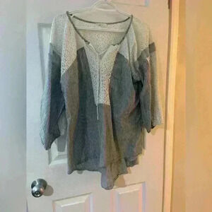 Mystree boho tunic top blue white stripe with lace size  large